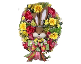 Easter Bunny Head Wreath, Floral and Mesh Wreath, Front Door Easter Wreath, Spring Wreath, Easter Wreath, Easter Decor, Bunny wreath