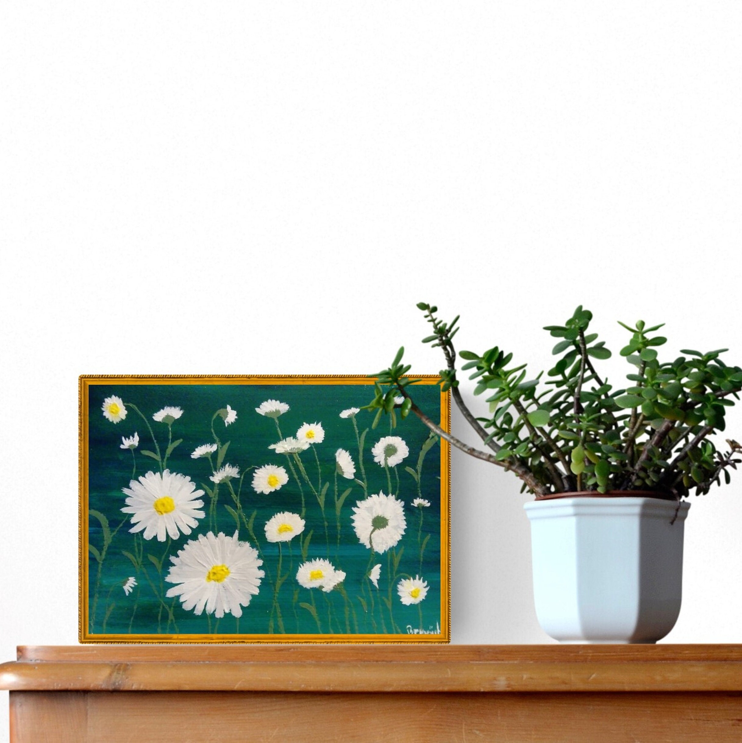 Peinture de Fleurs Marguerites Blanche et Jaune Faite à La Main sur Fond Émeraude