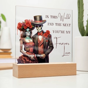 Sugar Skull Couple, Custom Name Day of the Dead, Wedding Anniversary Square Acrylic LED Night Light Display Halloween Art Plaque