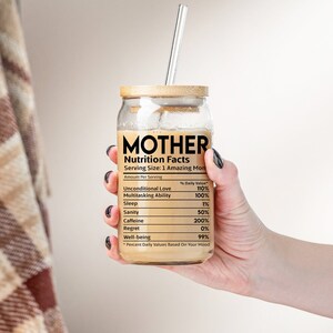 Geschenk für Mama zum Muttertag, Glasdose Kaffeetasse, Lustige Nährwertangaben Mama Tasse, Eiskaffeetasse Sipper Glastasse mit Strohhalm 16oz