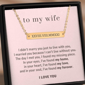Regalo para mi esposa, no puedo vivir sin ti, collar de barra horizontal con números romanos personalizado para aniversario, tarjeta con mensaje romántico, joyería personalizada