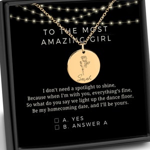 Carte avec poème, Be My Homecoming and I'll Be Yours, Collier personnalisé avec fleurs de naissance, proposition de bijoux HoCo, cadeau pour petite amie