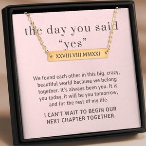 Para minha futura esposa, presente, o dia em que você disse SIM, colar personalizado com barra horizontal de numeral romano, cartão de mensagem romântica para noiva, joias personalizadas