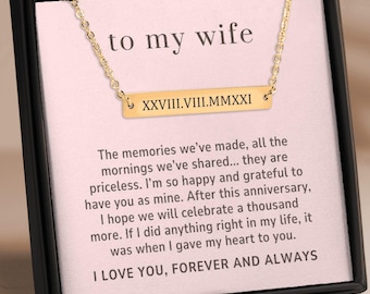 Pour ma femme, cadeau d'anniversaire, collier barre horizontale chiffres romains personnalisés souvenirs personnalisés, bijoux romantiques personnalisés