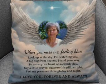 Sympathy Gift Custom Photo Pillow, Loss of Father, Mother, Husband Angel Wings Miss Me Poem, In Loving Memory Remembrance Funeral Grief Gift
