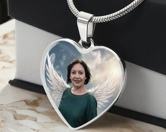 Collar conmemorativo personalizado en forma de corazón, colgante con foto personalizada, joyería grabada, recuerdo con alas de ángel, regalo para un ser querido, regalo en memoria