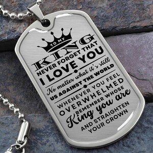 To My King Dog Tag Necklace: Stainless Steel Military Pendant
