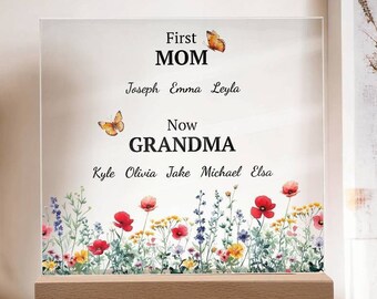 First Mom Now Grandma Personalized Grandma Gift, Wildflower Garden Custom Children Grandchildren's Names Mothers Day Gift Acrylic Plaque