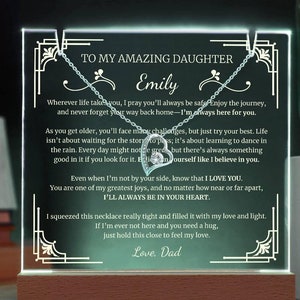 Cadeau brief aan mijn dochter, van mama of papa, led-licht acryl gepersonaliseerde boodschap aandenken, hart hanger ketting, afstuderen aangepaste naam