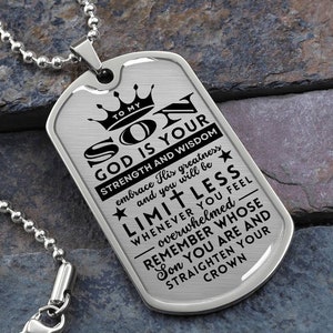 Regali per il figlio, croce illimitata raddrizza la tua corona, collana religiosa con targhetta per cani incisa in argento o oro, regalo di laurea per lui