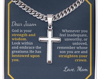 Confirmation Gift for Him, Strength and Wisdom Stainless Steel Men Cross Necklace, Christian Gift For Son Grandson, Custom Name Message Card