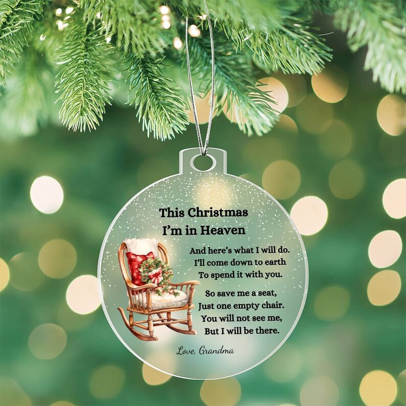 Christmas in Heaven Memorial Condolence Gift, Custom Name Acrylic Ornament, Vintage Rocking Chair, Loss of Mom, Dad, Husband, Grandparents image 5
