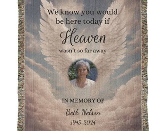 Memorial Gift Sympathy Gift, Photo Blanket Angel Wings, Custom Blankets Memorial Keepsake, Sympathy Blankets Heaven So Far Away Woven Throw