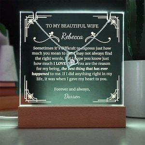 Presente para minha esposa, alma gêmea personalizada com luz LED em acrílico, mensagem romântica personalizada, lembrança com pingente de coração, colar de aniversário
