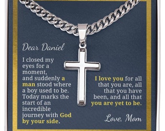 Confirmation Gift for Him, Stainless Steel Men Cross Necklace, Christian Gift For Son, Grandson, Custom Name Message Card, Gift From Godmom