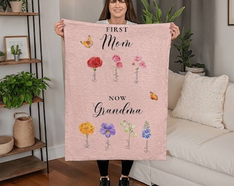 Grandmas Garden Birth Flower Personalized Gifts For Mothers Day Custom Blanket with Names, Mother In Law Gift For Grandmother Fleece Blanket