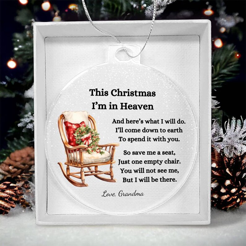 Christmas in Heaven Memorial Condolence Gift, Custom Name Acrylic Ornament, Vintage Rocking Chair, Loss of Mom, Dad, Husband, Grandparents image 6