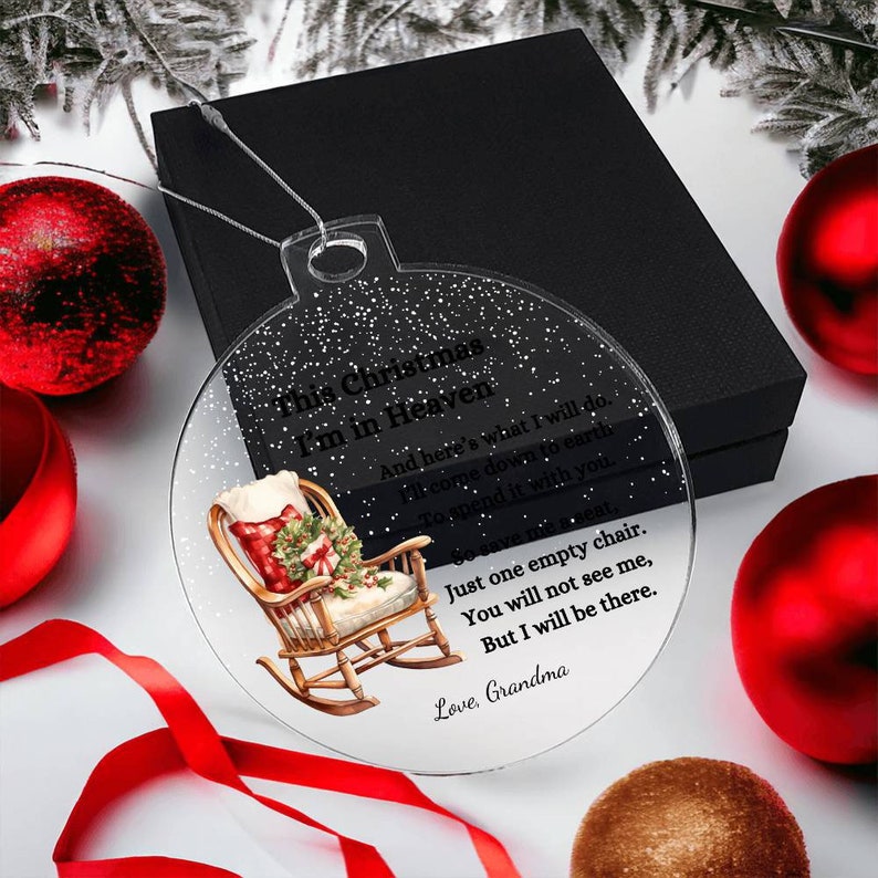 Christmas in Heaven Memorial Condolence Gift, Custom Name Acrylic Ornament, Vintage Rocking Chair, Loss of Mom, Dad, Husband, Grandparents image 7
