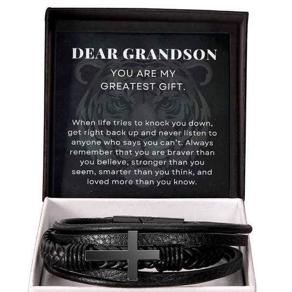 Loved More Than You Know, To My Grandson Gift, Christian Cross Braided Vegan Leather Bracelet for Men, Birthday Gift, Back to School