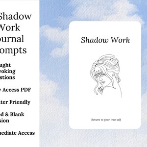 May include: A black and white line drawing of a woman with her hair pulled back in a bun. The drawing is on a white background with the text "Shadow Work" above the drawing and "Return to your true self" below the drawing. The text is in black.