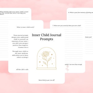 May include: A printable journal prompt page featuring a gold rose illustration and the text "Inner Child Journal Prompts". The page includes prompts such as "What is your first memory of feeling ashamed?" and "What beliefs did your inner child create about the world that aren't serving you anymore?"