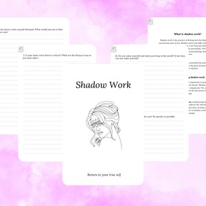 May include: A printable journal featuring a black and white illustration of a woman with her hand on her face. The journal is titled "Shadow Work" and includes prompts for self-reflection and personal growth.