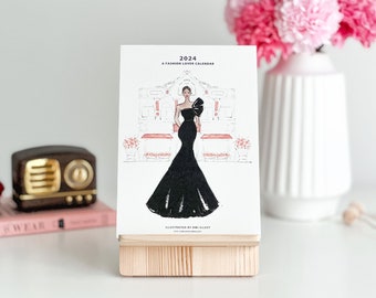 2024 Fashion art Calendar Girl, Watercolor Desk Calendar Card, Fashion illustration, Mini Calendar with wood stand, A5 size, Christmas Gift,