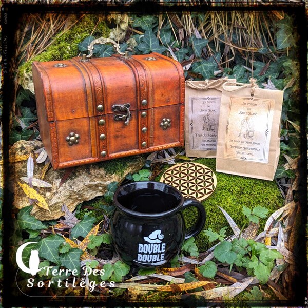 Coffret "C'est l'heure du thé" coffre en bois mug chaudron 2 thés fleur de vie idée cadeau hoodoo Noël sabbat yule bien être méditation