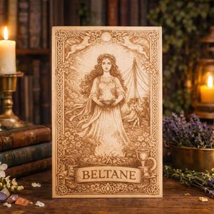 May include: A wooden plaque with a detailed engraving of a woman in a flowing gown, with the word "BELTANE" at the bottom. The artwork is surrounded by floral and celestial elements, with a warm, antique aesthetic.