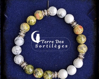 Bracelets Unakite et Howlite lithothérapie méditation bien être idée cadeau perle 8 mm pierre naturelle Noël sabbat Yule