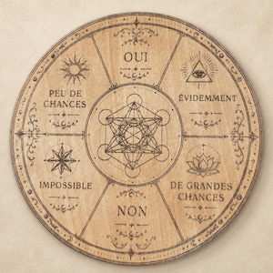 Peut inclure: Un plateau circulaire en bois présentant un motif central de Cube de Métatron entouré de six segments avec le texte OUI, EVIDEMMENT, DE GRANDES CHANCES, NON, IMPOSSIBLE et PEU DE CHANCES, accompagné de symboles incluant un soleil, un œil et un lotus.