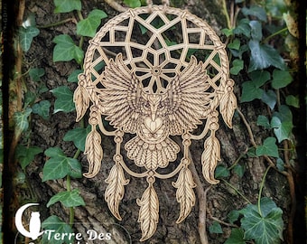 Acchiappasogni gufo cuore sospensione legno wicca magia stregoneria cappuccio idea regalo benessere decorazione meditazione piuma incisione su legno