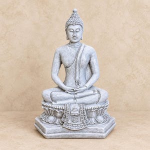 18 cm patinerad grå Buddha-meditationsstaty, Dhyana Mudra, Zen Lotus trädgårdsdekoration - Vintage-stil inomhus-/utomhusaltarefigur