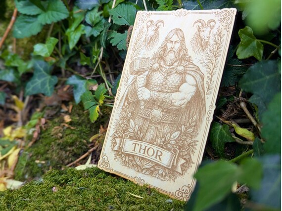 Thor Icon Card Engraved on Wood, 15x10 Cm, Viking God, Norse Magic