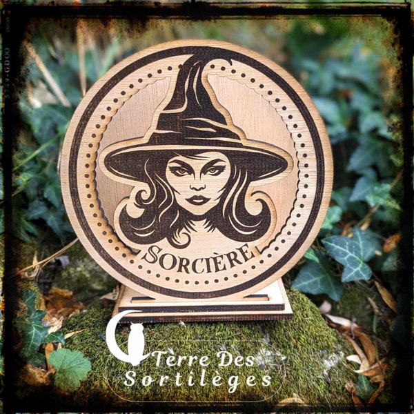 Veilleuse "Sorcière" bois wicca magie sorcellerie hoodoo idée cadeau bien-être décoration méditation pentacle Autel balais bougie LED