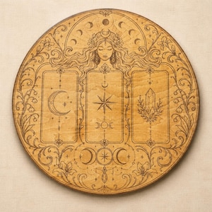 Puede incluir: Una tabla de madera circular con intrincados grabados láser. El diseño incluye una figura central con cabello largo, tres marcos rectangulares que contienen una luna creciente, una estrella y un cristal, rodeados de bordes florales.