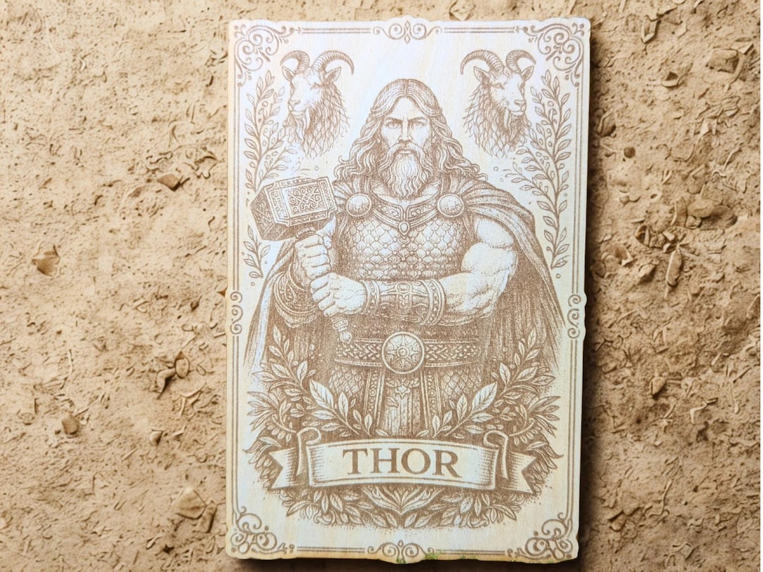 Thor Icon Card Engraved on Wood, 15x10 Cm, Viking God, Norse Magic