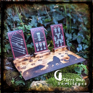 Support 3 cartes "Loups" pour oracle et tarots gravé magie naturelle wicca hoodoo voyance guidance porte carte idée cadeau sabbat yule