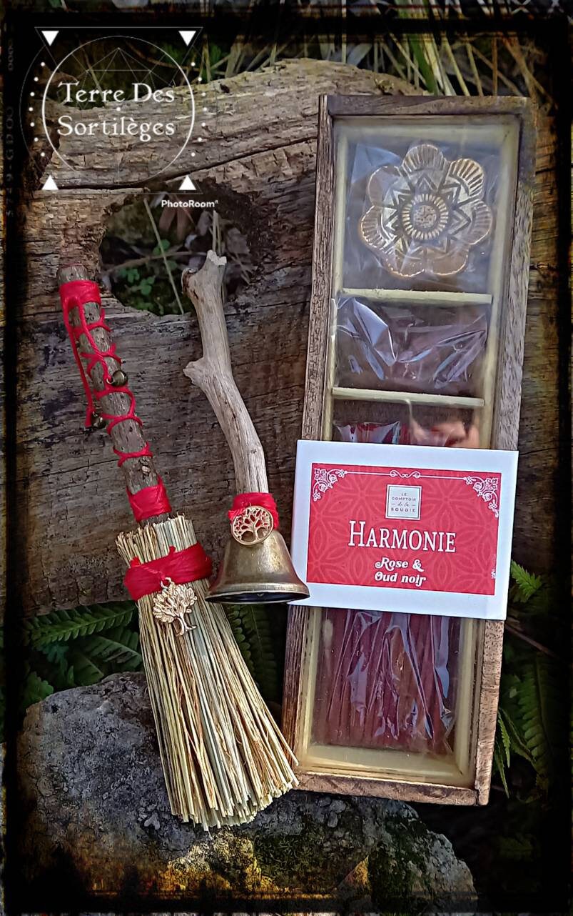 Lot Cloche d'autel, Balais d'autel et Coffret d'encens - Bois Harmonie- Méditation Purification.