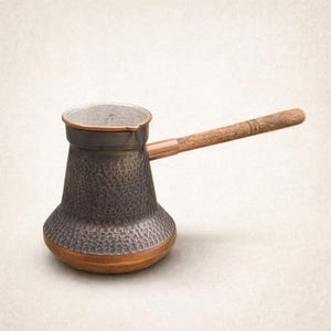 May include: A copper-colored Turkish coffee pot with a hammered texture. It features a wooden handle and a copper band around the base and rim. The pot has a wide base that tapers to a narrower neck.