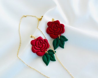 Colgante de rosa ~ pendientes de San Valentín inspirados en la bella y la bestia / Pendientes de arcilla de flores de ratón de Halloween inspirados en Disney