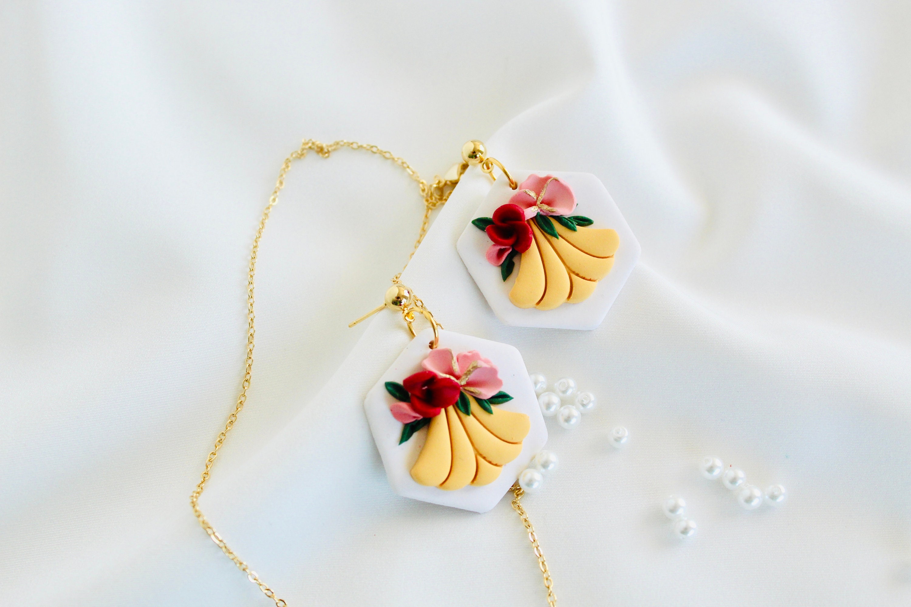 Belle inspired polymer clay earrings| spring clay earring | yellow floral clay earrings | pearl bridal Clay Earring | princess clay earring