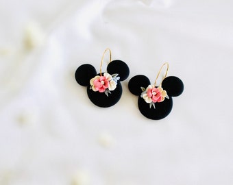 Pendientes de aro de arcilla con forma de ratón / Pendientes de arcilla polimérica negra / Pendientes de aro de arcilla con flores / Pendientes de arcilla con forma de ratón y flor de Halloween