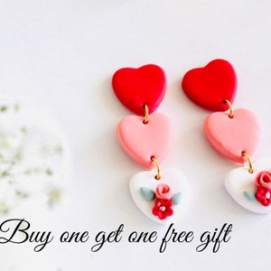 Red polymer Clay Earrings | Spring polymer Clay Earrings | three heart clay earrings | Spring love Dangles | woman’s day clay earrings