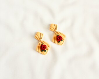 Belle  inspired polymer clay earrings| spring clay earring | yellow floral clay earrings | pearl bridal Clay Earring | princess clay earring