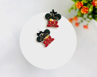 Pendientes de arcilla con forma de casa de ratón / Pendientes de arcilla polimérica negra / Pendientes de casa con flores / Pendientes de arcilla con forma de casa de ratón para Halloween