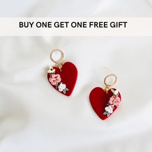 Valentines heart earrings, red heart clay earrings , valentines love Dangles , floral clay earrings