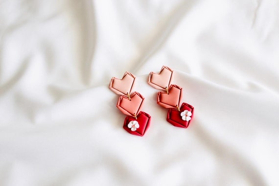 Valentines heart earrings, three heart clay earrings , valentines love Dangles , woman’s day clay earrings