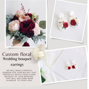 Pendientes personalizados de ramo de boda, pendientes de arcilla de San Valentín, pendientes de arcilla polimérica nupcial, pendientes de arcilla de flores para el día de San Valentín
