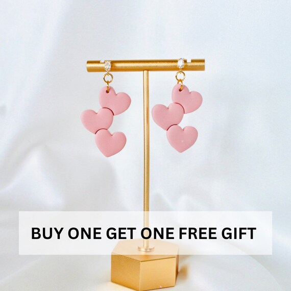 Valentines heart earrings, three heart clay earrings , valentines love Dangles , woman’s day clay earrings